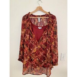 Catherines Floral Print‎ Tunic Top 1X Red Orange Sheer Layer Blouse